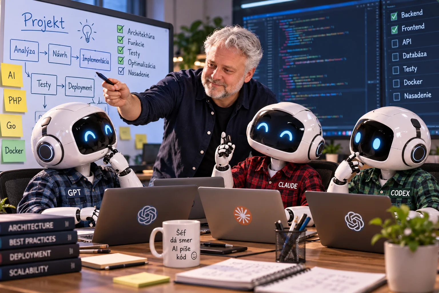 Vediem tím troch robotických AI programátorov GPT, Claude a Codex pri plánovaní vývoja softvéru.