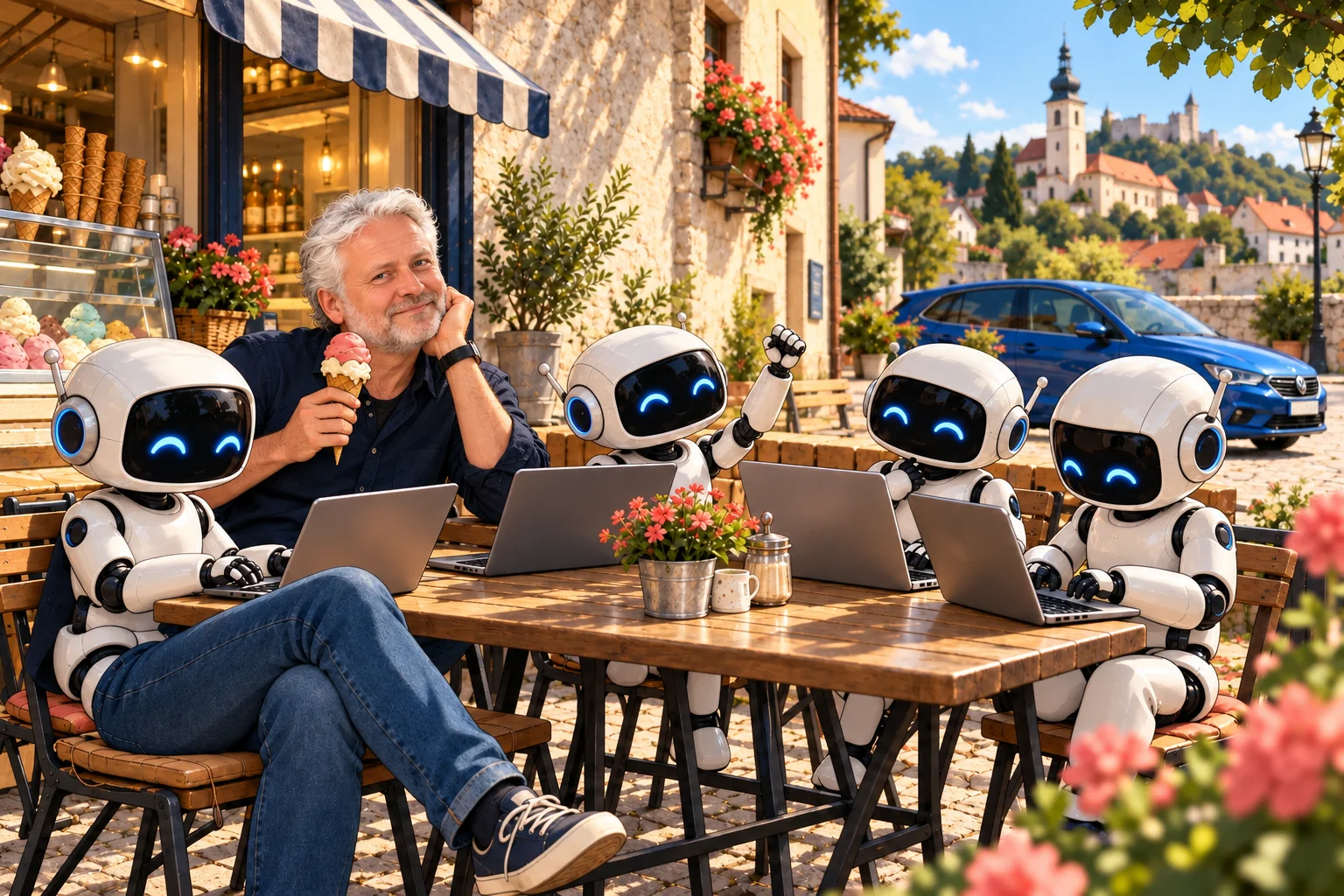 Programátor si ve Stupavě vychutnává zmrzlinu, zatímco čtyři robotičtí kolegové pracují u stolu.