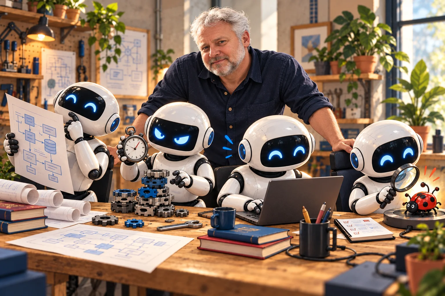 Architekt vede čtyři robotické kolegy: konzultanta, optimalizátora, programátora a testera.