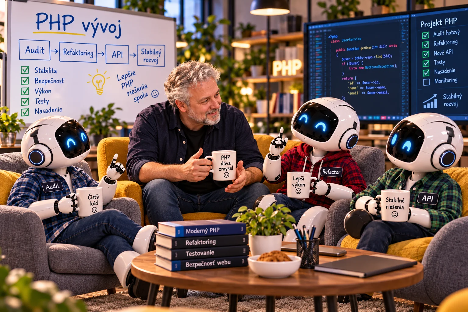 Vediem poradu s tromi robotickými pomocníkmi pri audite, refaktoringu a vývoji PHP API.